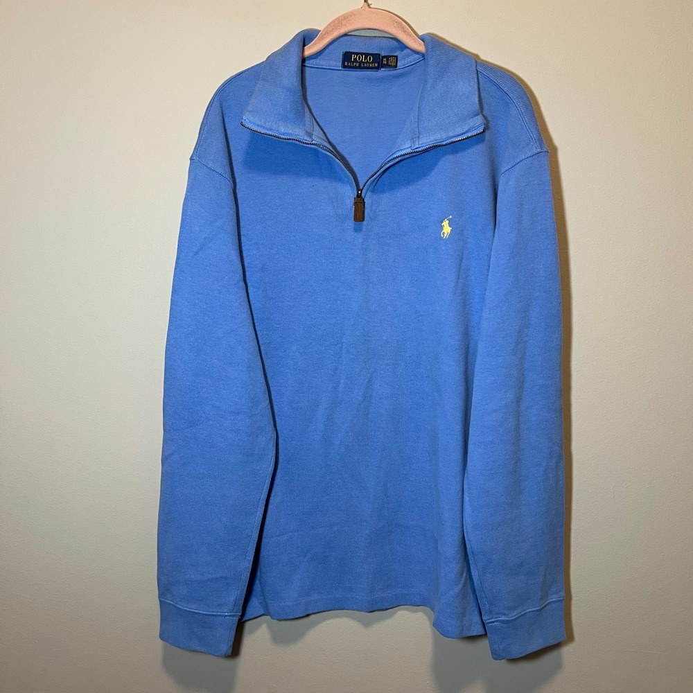 Polo Ralph Lauren Men's XL Blue Cotton Pique Quarter Zip Pullover Sweater Pony